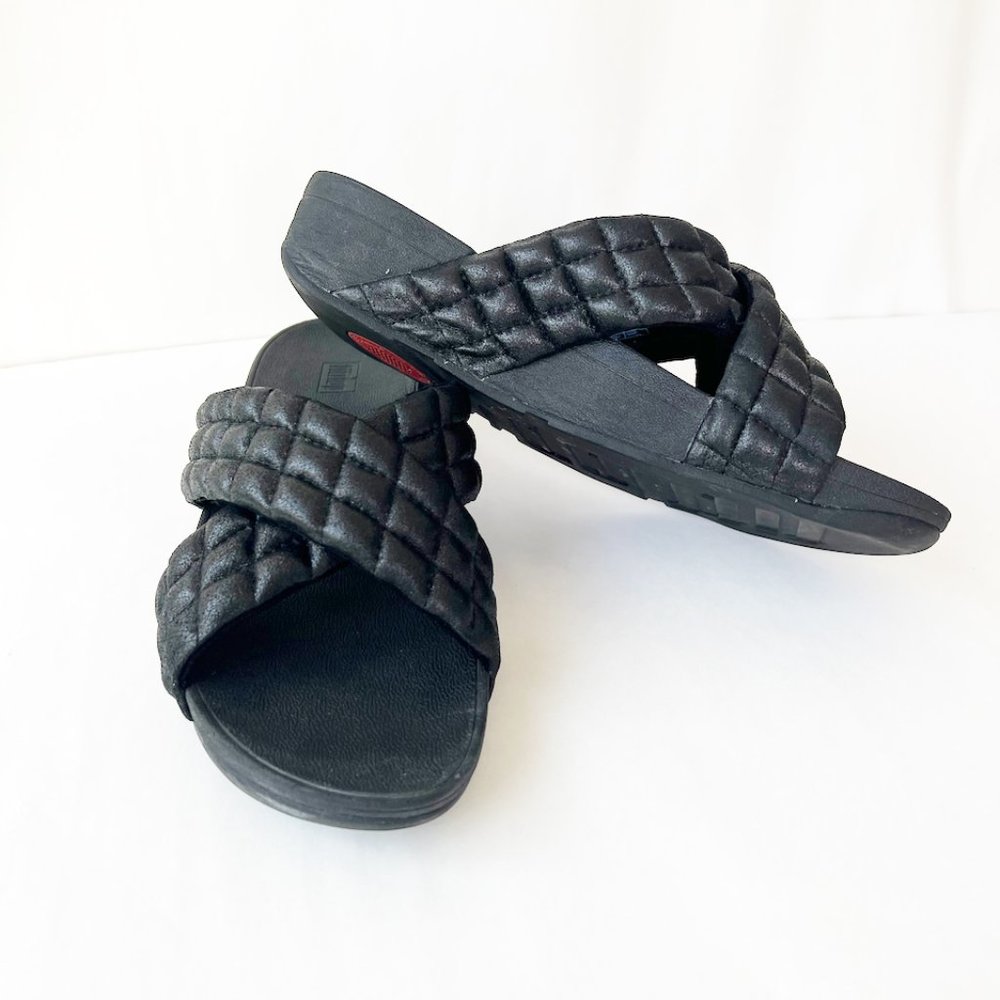 FitFlop Platform Wedge Sandals Criss Cross Straps Slip On Black 9